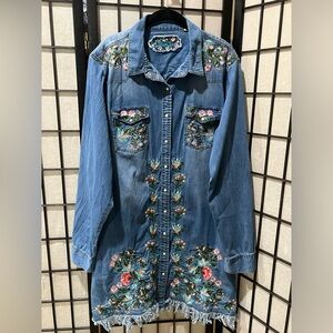 GRACE IN LA FLORAL EMBROIDERED PEARL SNAP FRONT SHIRT DRESS WOMEN SIZE XL
